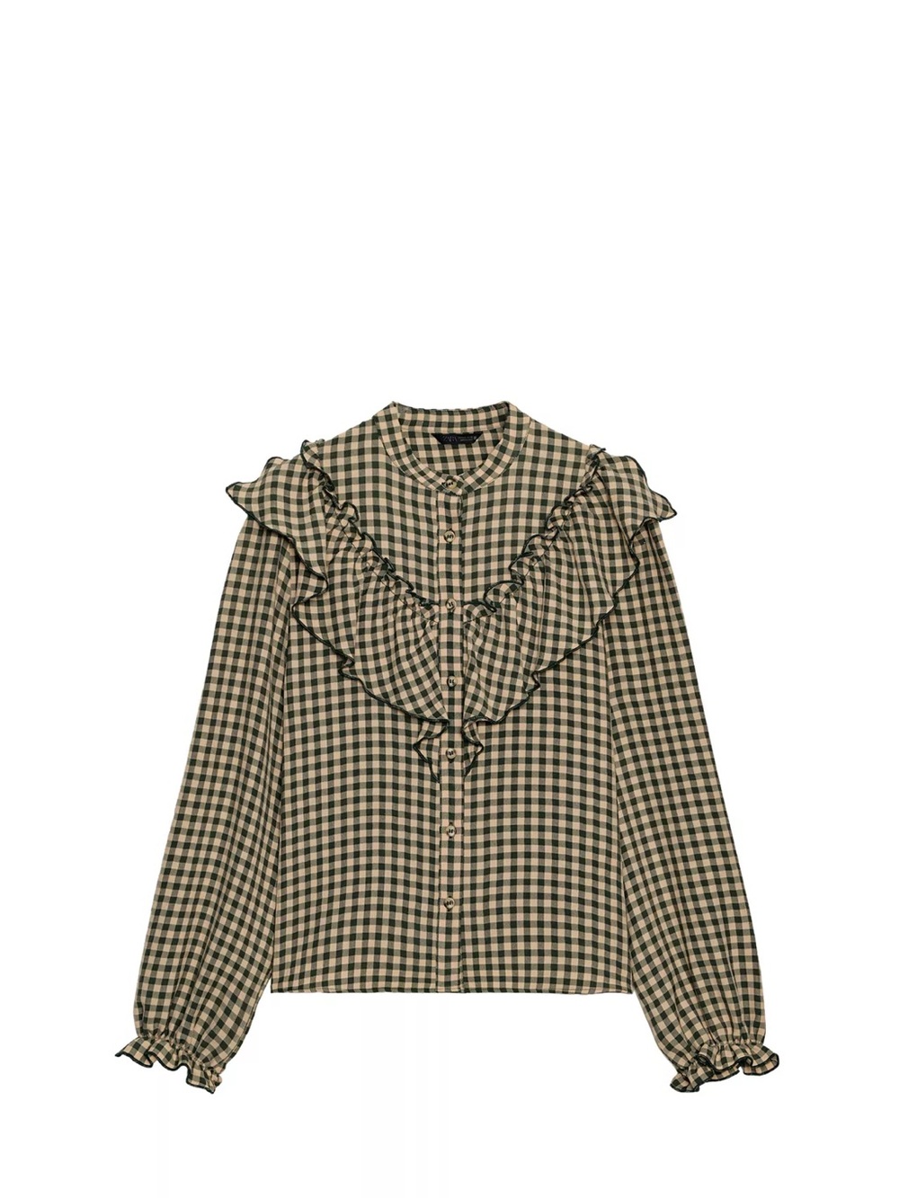 Zara Green and Cream Gingham Ruffle Front Blouse